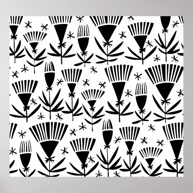 Black White Abstract Flowers: Elegant Pattern Poster (Front)