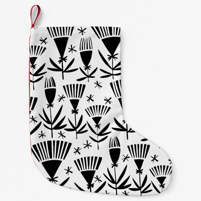 Black White Abstract Flowers: Elegant Pattern Small Christmas Stocking (Front)