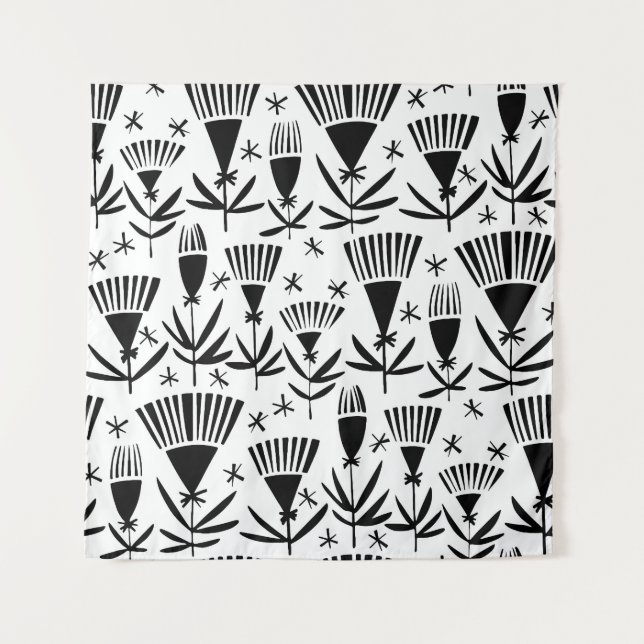 Black White Abstract Flowers: Elegant Pattern Tapestry (Front)