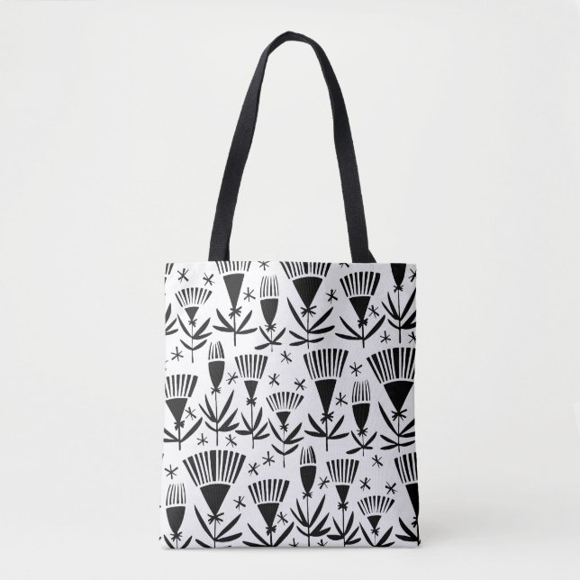 Black White Abstract Flowers: Elegant Pattern Tote Bag (Front)