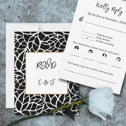 Black White Abstract Foliage Pattern RSVP Card