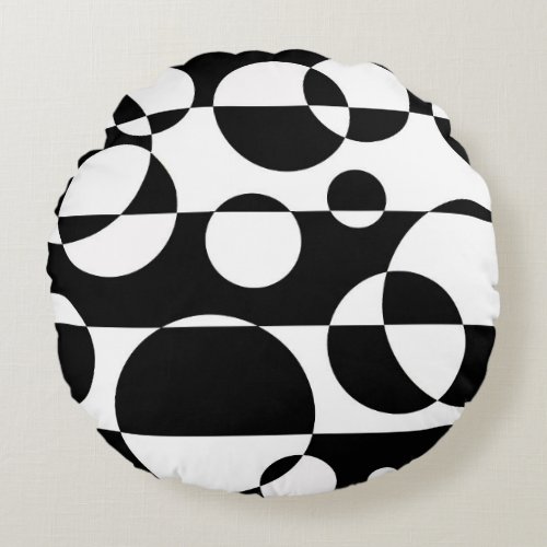 Black White Abstract Geometric Circle Boho Retro Round Pillow