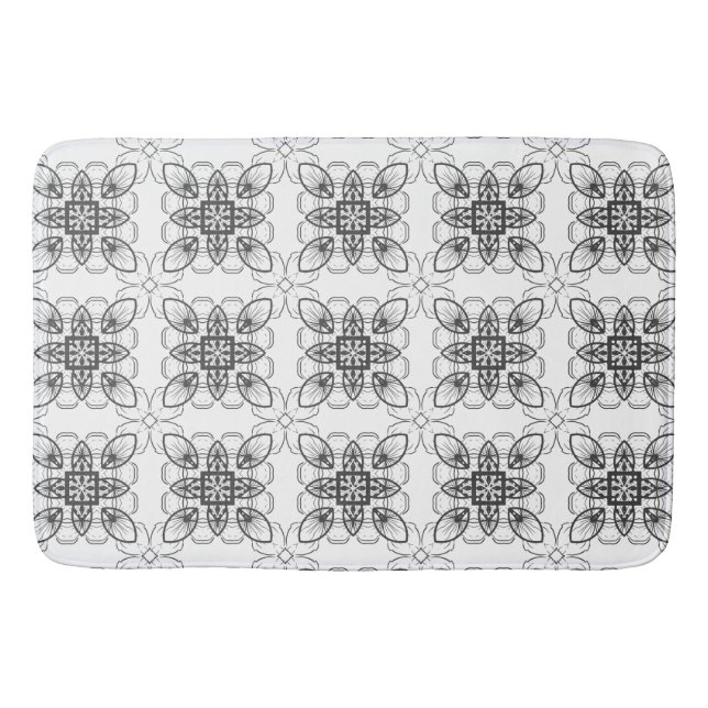 Black White Abstract Geometric Floral Pattern Bath Mat (Front)