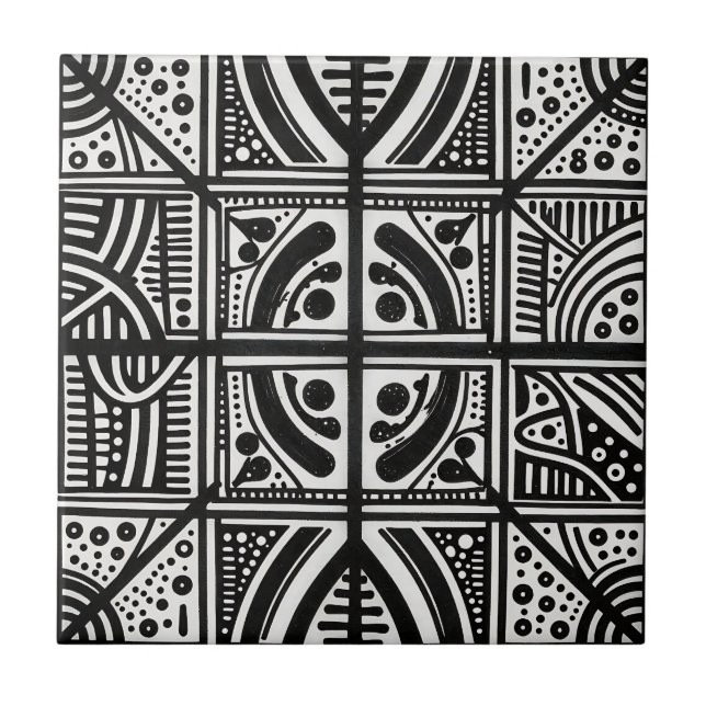 Black White Abstract Geometric Pattern Ceramic Tile (Front)
