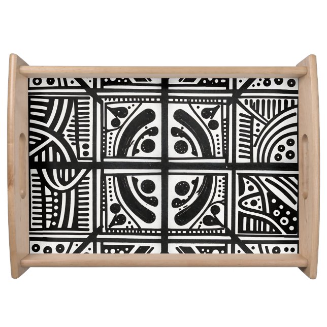 Black White Abstract Geometric Pattern Serving Tray (Front)
