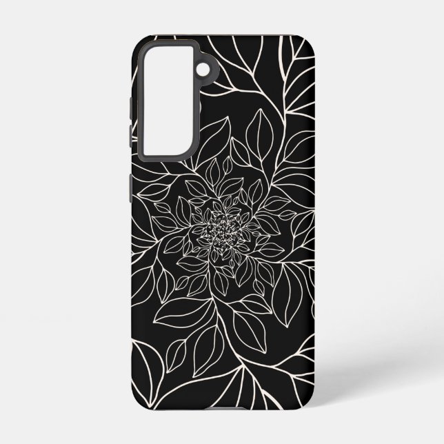 Black white abstract leaves stem lines wavy samsung galaxy case (Back)