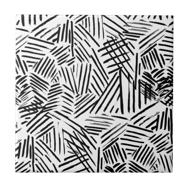 Black White Abstract Linear drawn Lines Pattern Ceramic Tile (Front)