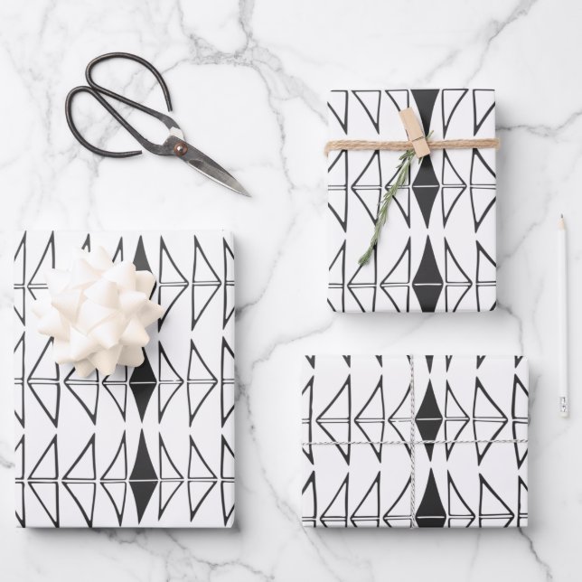Black White Abstract Lines Shapes Quirky Pattern  Wrapping Paper Sheets (Front)