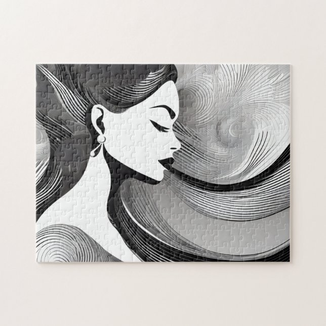 Black & White Abstract Modern Thinking Woman Jigsaw Puzzle (Horizontal)