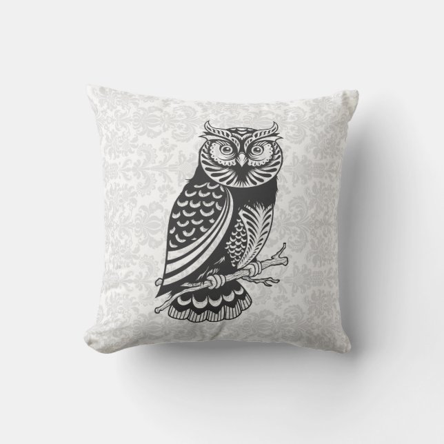 Black & White Abstract Owl Throw Pillow (Front)