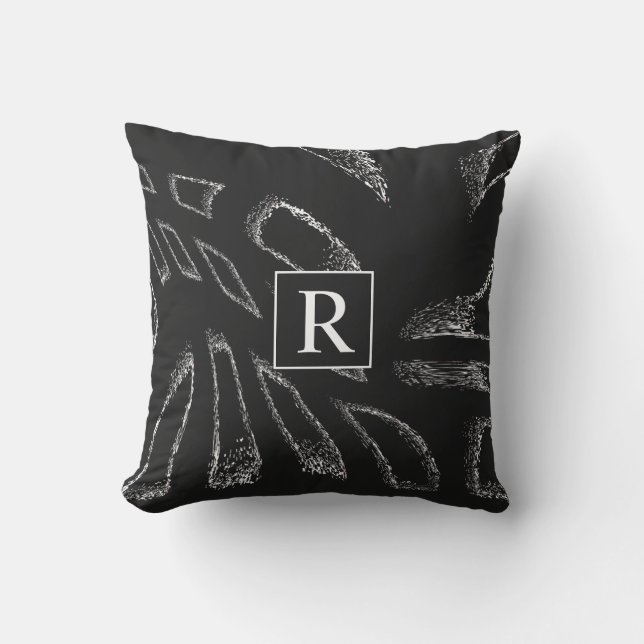 Black White Abstract Patterns Monogram Initials Outdoor Pillow (Front)