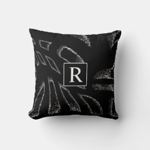 Black White Abstract Patterns Monogram Initials Throw Pillow