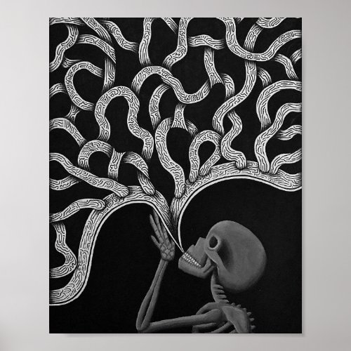 Black  White Abstract Skeleton Drawing Poster
