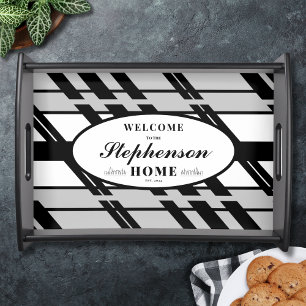 Black White Abstract Skyline Family Serving Tray