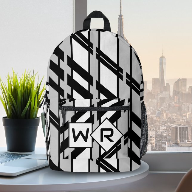 Black White Abstract Skyline Pattern Monogram Printed Backpack (Creator Uploaded)