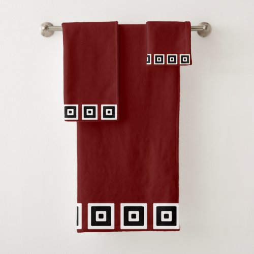 Black  White Abstract Squares on Maroon Bath Towel Set