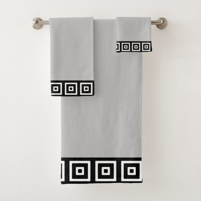 Black & White Abstract Squares on Silver Gray Bath Towel Set (Insitu)