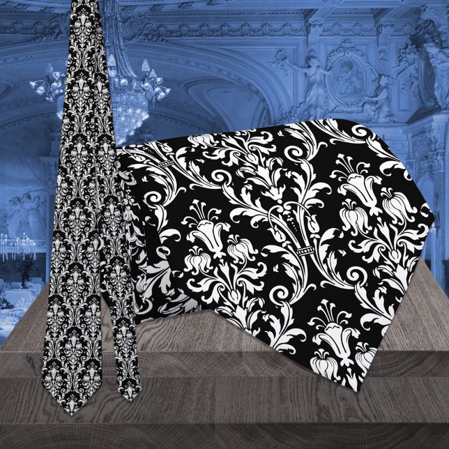 Black & White Acanthus Leaf Floral Damask Wedding Neck Tie (Creator Uploaded)