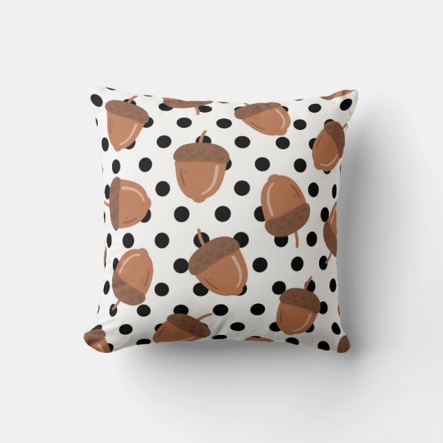 Black & White Acorn Botanical Polka Dot Cozy Fall Throw Pillow (Front)
