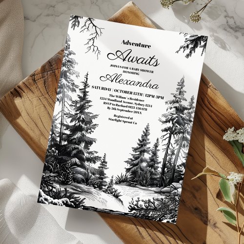 Black White Adventure Mountain Baby Shower Invitation