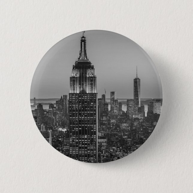 Black & White Aerial View of New York City Night Button (Front)