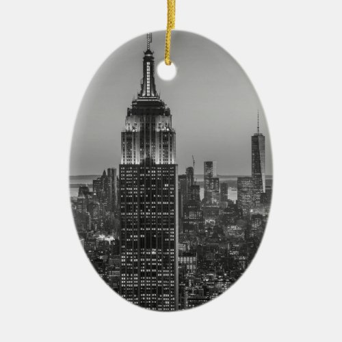 Black  White Aerial View of New York City Night Ceramic Ornament