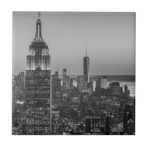 Black  White Aerial View of New York City Night Ceramic Tile