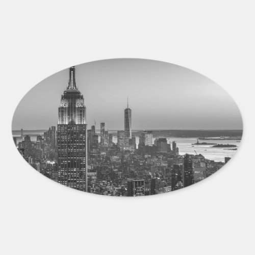 Black  White Aerial View of New York City Night Oval Sticker