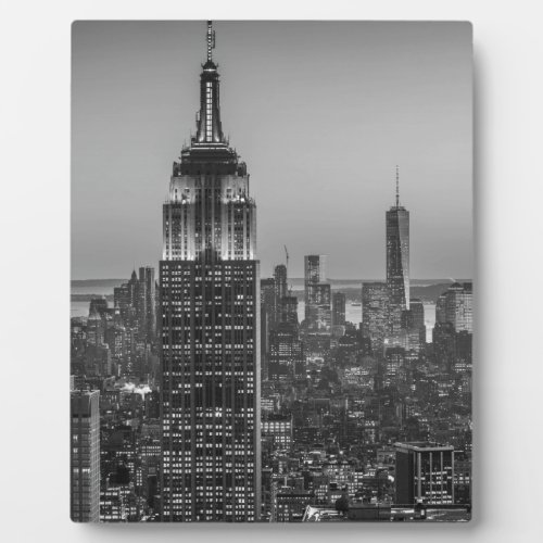 Black  White Aerial View of New York City Night Plaque