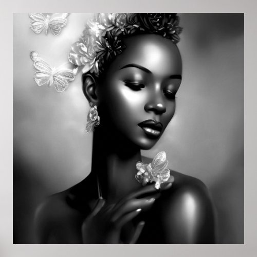 Black White African Girl monochrome Butterfly Poster