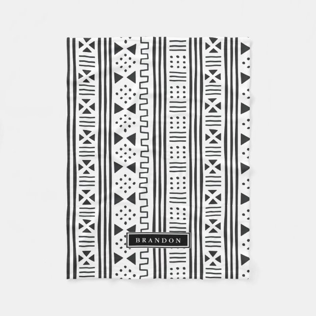 Black|White African MudCloth Inspired Personalized Fleece Blanket (Front)