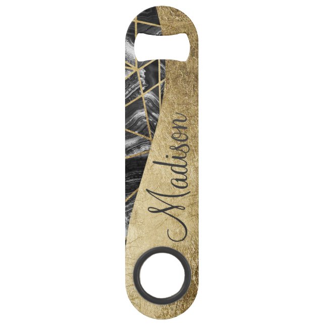 Black White Agate Black Gold Geometric Monogram Speed Bottle Opener (Front)