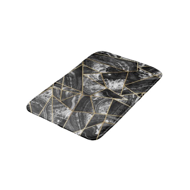 Black White Agate Black Gold Geometric Triangles Bathroom Mat (Angled)