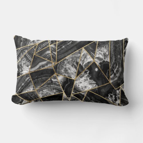 Black White Agate Black Gold Geometric Triangles Lumbar Pillow
