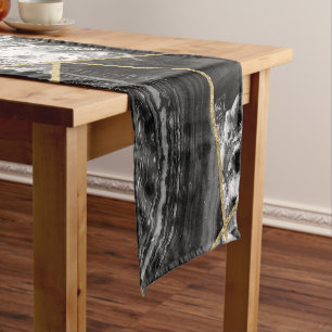 Black White Agate Black Gold Geometric Triangles Short Table Runner