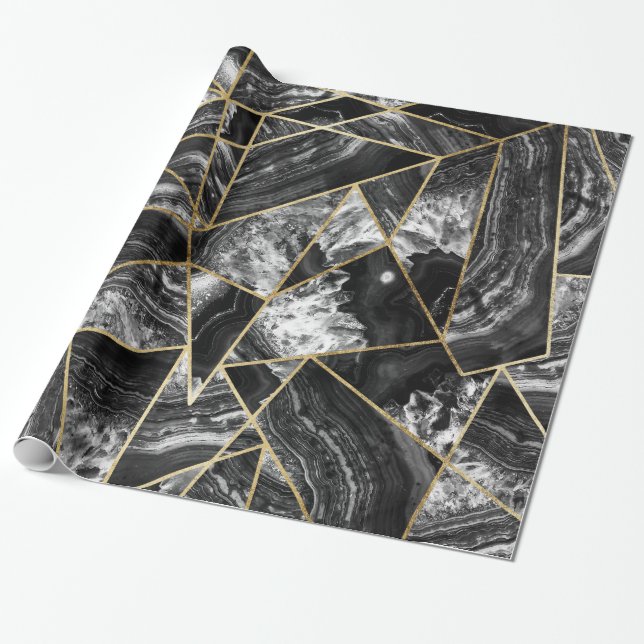 Black White Agate Black Gold Geometric Triangles Wrapping Paper (Unrolled)