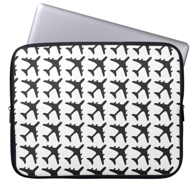 Black white airplane pattern laptop sleeve (Front)