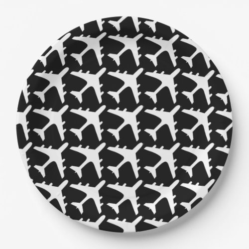 Black white airplane pattern paper plates