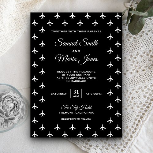 Black  White Airplanes Modern Wedding Invitation