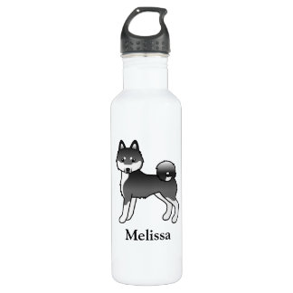 Black &amp; White Alaskan Klee Kai Cartoon Dog &amp; Name Stainless Steel Water Bottle