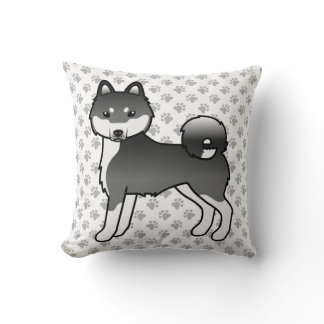 Black &amp; White Alaskan Klee Kai Cartoon Dog &amp; Paws Throw Pillow