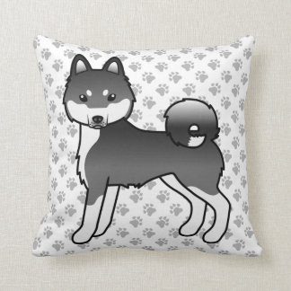 Black &amp; White Alaskan Klee Kai Cartoon Dog &amp; Paws Throw Pillow