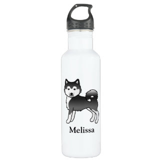 Black &amp; White Alaskan Malamute Cartoon Dog &amp; Name Stainless Steel Water Bottle