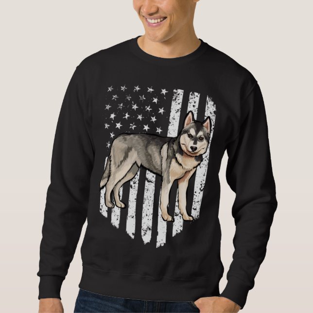 Black White American Flag Siberian Husky 4th Of Ju Sweatshirt (Front)
