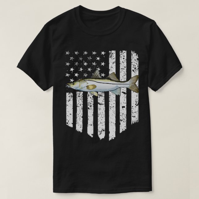 Black White American Flag Snook 4th Of July Fish  T-Shirt (Design Front)