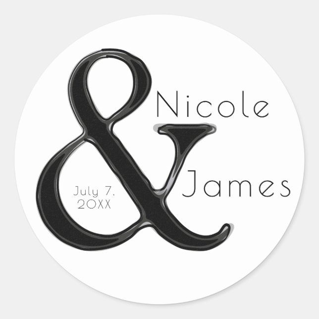 Black & White Ampersand Chic Custom Wedding Favor Classic Round Sticker (Front)