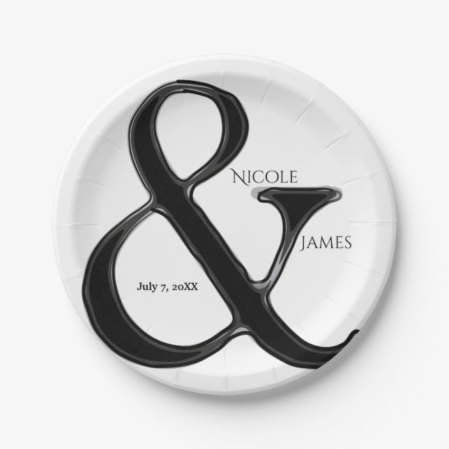 Black & White Ampersand Chic Wedding Reception Paper Plates (Front)