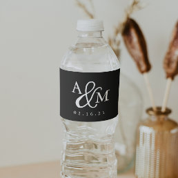 Black &amp; White Ampersand Monogram Wedding Water Bottle Label