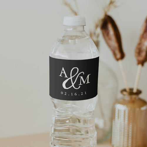 Black & White Ampersand Monogram Wedding Water Bottle Label