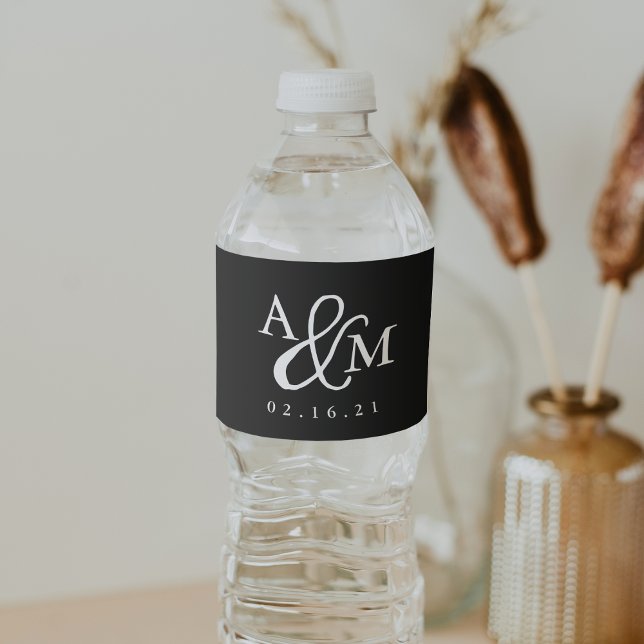 Black & White Ampersand Monogram Wedding Water Bottle Label (Creator Uploaded)